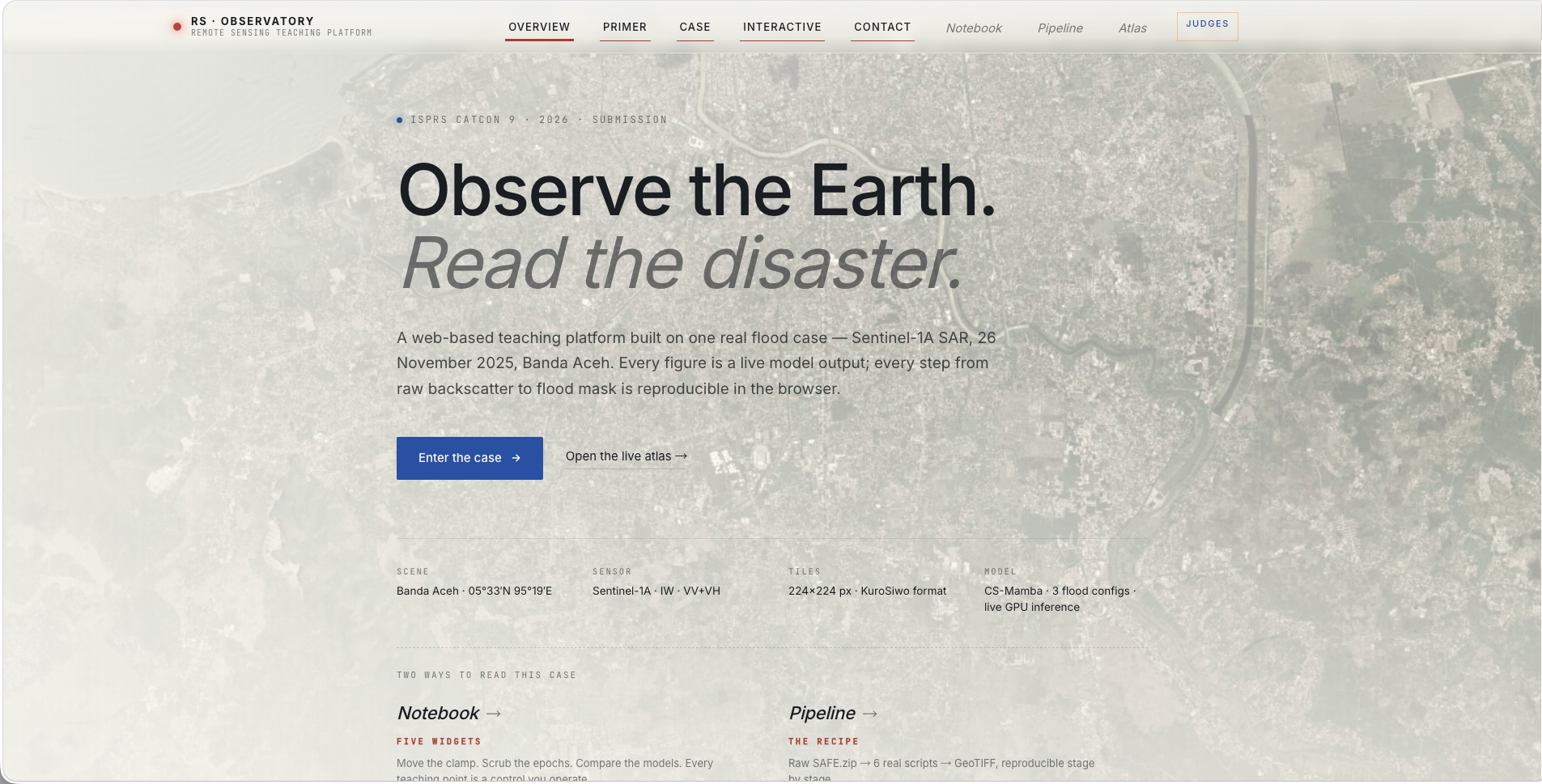 Homepage hero with the tagline "Observe the Earth. Read the disaster.", aerial Banda Aceh backdrop, meta chips for Scene / Sensor / Tiles / Model, and the two-way reading shelf pointing at Notebook and Pipeline.